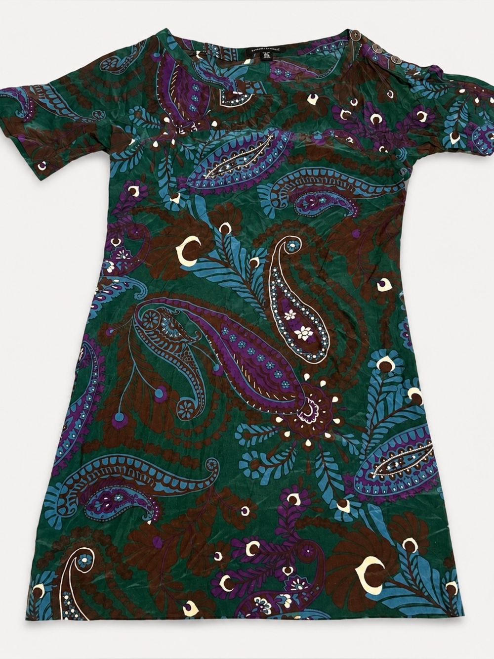 Boho Paisley Banana Republic Silk Shift Dress in Teal, Purple & Brown